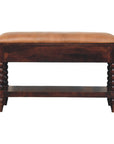 35" Tan And Dark Brown Genuine Leather And Solid Wood Upholstered Storage Bench With Drawers And Shelves