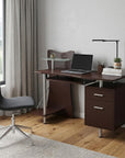 51" Chocolate and Silver Wood and Steel Pedestal Computer Desk With Two Drawers