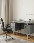 51" Gray and Silver Wood and Steel Pedestal Executive Desk With Two Drawers