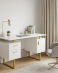 51" White and Gold Wood and Steel Pedestal Executive Desk With Two Drawers