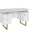 51" White and Gold Wood and Steel Pedestal Executive Desk With Two Drawers