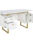 51" White and Gold Wood and Steel Pedestal Executive Desk With Two Drawers