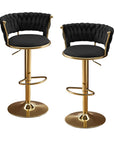 Set of Two Black And Gold Velvet And Metal Low Back Adjustable Height Swivel Bar Chairs