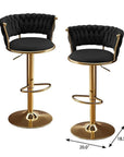 Set of Two Black And Gold Velvet And Metal Low Back Adjustable Height Swivel Bar Chairs