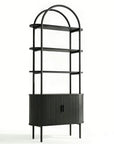 71" Black Wood Four Tier Arched Etagere Bookcase with Two Doors