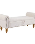 55" Beige and Brown Linen and Solid Wood Upholstered Storage Bench With Flip Top