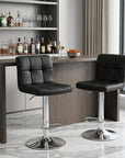 Set of Two Black And Silver Faux Leather And Aluminum Adjustable Height Swivel Bar Chairs