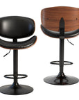Set of Two Black And Brown Faux Leather Aluminum And Wood Adjustable Height Swivel Bar Chairs