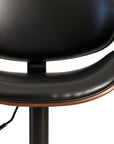 Set of Two Black And Brown Faux Leather Aluminum And Wood Adjustable Height Swivel Bar Chairs