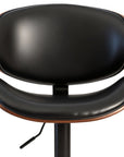 Set of Two Black And Brown Faux Leather Aluminum And Wood Adjustable Height Swivel Bar Chairs