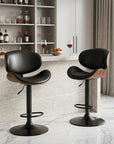 Set of Two Black And Brown Faux Leather Aluminum And Wood Adjustable Height Swivel Bar Chairs