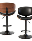 Set of Two Black And Brown Faux Leather Aluminum And Wood Adjustable Height Swivel Bar Chairs