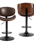 Set of Two Brown And Black Faux Leather Aluminum And Wood Adjustable Height Swivel Bar Chairs
