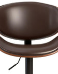 Set of Two Brown And Black Faux Leather Aluminum And Wood Adjustable Height Swivel Bar Chairs
