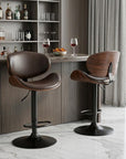 Set of Two Brown And Black Faux Leather Aluminum And Wood Adjustable Height Swivel Bar Chairs
