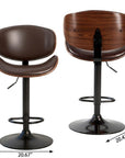 Set of Two Brown And Black Faux Leather Aluminum And Wood Adjustable Height Swivel Bar Chairs