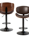 Set of Two Brown And Black Faux Leather Aluminum And Wood Adjustable Height Swivel Bar Chairs