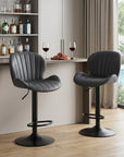 Set of Two Black Faux Leather And Aluminum Adjustable Height Swivel Bar Chairs