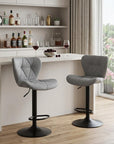 Set of Two Gray And Black Faux Leather And Aluminum Adjustable Height Swivel Bar Chairs