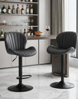 Set of Two Black Faux Leather And Aluminum Adjustable Height Swivel Bar Chairs