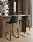 Set of Two 29" Black Faux Leather And Aluminum Bar Height Bar Chairs