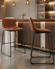 Set of Two 29" Brown And Black Faux Leather And Aluminum Bar Height Bar Chairs