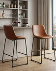 Set of Two 29" Brown And Black Faux Leather And Aluminum Bar Height Bar Chairs