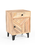 24" Natural Solid Wood Carved Geometric One Drawer Nightstand