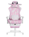 Pink and White Cow Print Adjustable Height Rolling Gaming Chair With Footrest
