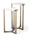 Set of Two White and Antiqued Gold Marble and Iron Round Cross Legs Nested Tables