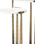 Set of Two White and Antiqued Gold Marble and Iron Round Cross Legs Nested Tables