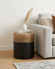 Set of Two Beige and Black Rattan and Solid Wood Round Drum Nested Tables