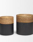 Set of Two Beige and Black Rattan and Solid Wood Round Drum Nested Tables