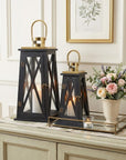 Set of Two Black Distressed Glass Tabletop Lantern Candle Holders