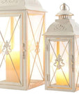 Set of Three White And Clear Filigree Scroll Metal And Glass Tabletop Lantern Candle Holders