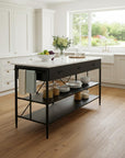 34" White and Black Marble and Metal Kitchen Island With Storage