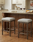 Set of Two 26" Light Gray And Walnut Linen And Solid Wood Counter Height Bar Chairs