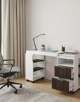 54" White And Walnut Wood Rolling Pedestal Computer Desk With And Two Drawers