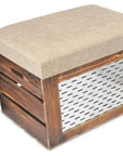 Set of Two 21" Beige And Brown Linen And Solid Wood Upholstered Distressed Storage Entryway Stool With Flip Top