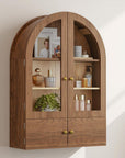34" Brown Wood Wall Mounted Glass Panel Inlay Four Door Bathroom Cabinet