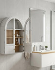 34" Brown Wood Wall Mounted Glass Panel Inlay Four Door Bathroom Cabinet