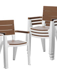Set of Four Brown And White Faux Wood Heavy Duty Plastic Outdoor Stacking Arm Chairs