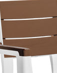 Set of Four Brown And White Faux Wood Heavy Duty Plastic Outdoor Stacking Arm Chairs
