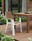 Set of Four Brown And White Faux Wood Heavy Duty Plastic Outdoor Stacking Arm Chairs