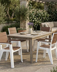 Set of Four Brown And White Faux Wood Heavy Duty Plastic Outdoor Stacking Arm Chairs