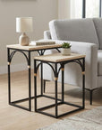 Set of Two Natural And Black Distressed Solid Wood And Steel Frame Nested Tables