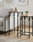 Set of Two Natural And Black Distressed Solid Wood And Steel Frame Nested Tables