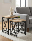 Set of Two Light Brown and Black Distressed Solid Wood and Steel Nested Tables