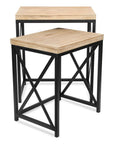 Set of Two Light Brown and Black Distressed Solid Wood and Steel Nested Tables