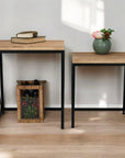 Set of Two Light Brown and Black Distressed Solid Wood and Steel Nested Tables